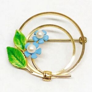 Vintage Krementz Blue Forget-Me-Not Faux Pearl Floral Brooch Cottagecore